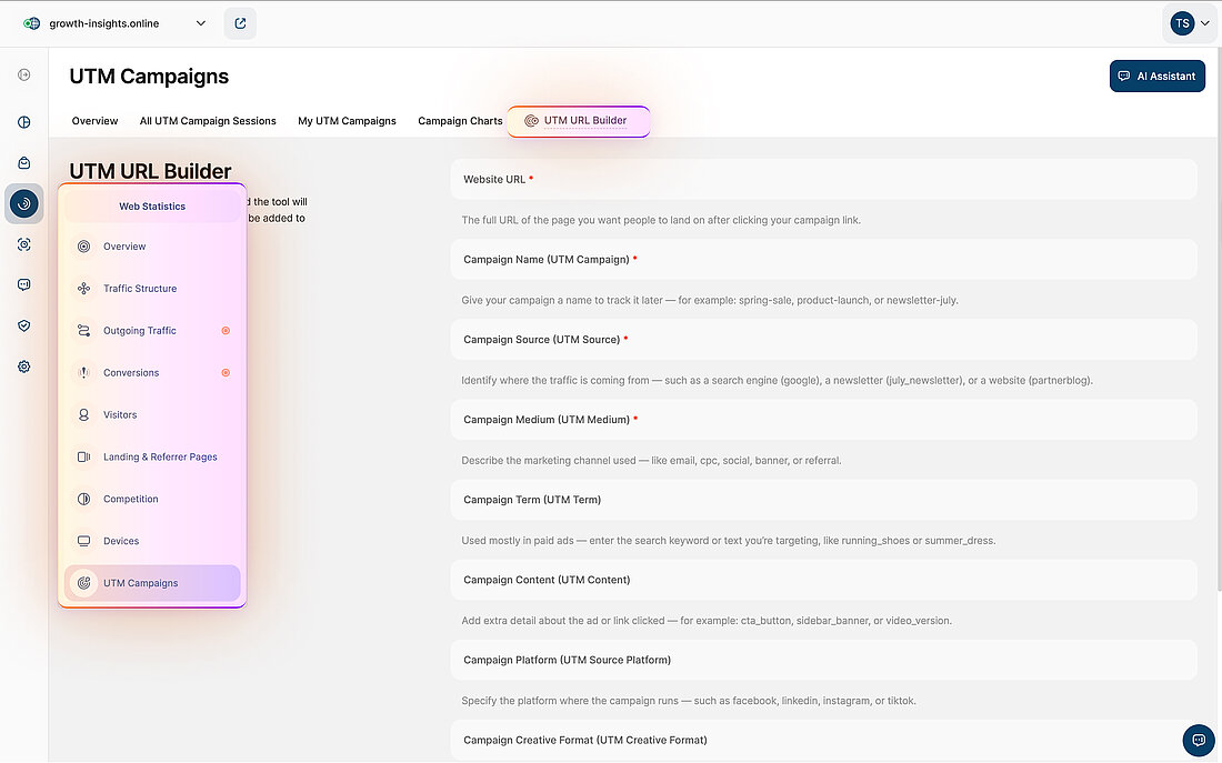 UTM URL Builder with navigation path highlighted and campaign parameter fields ready for link tagging