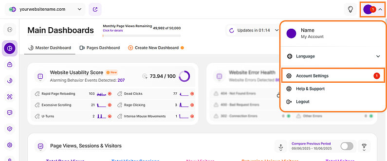 Main Dashboards Showing Account Settings