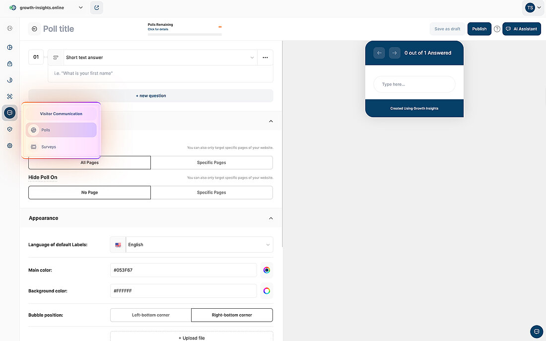 Poll editor showing navigation path, page targeting options, and on-page preview