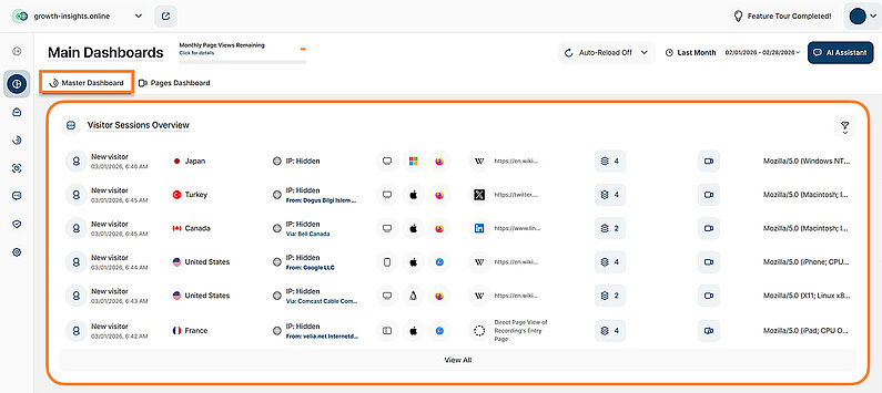 Latest Visitors Overview in the Master Dashboard